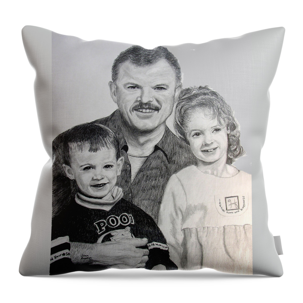 Portrait Throw Pillow featuring the drawing John Megan and Joey by Stan Hamilton
