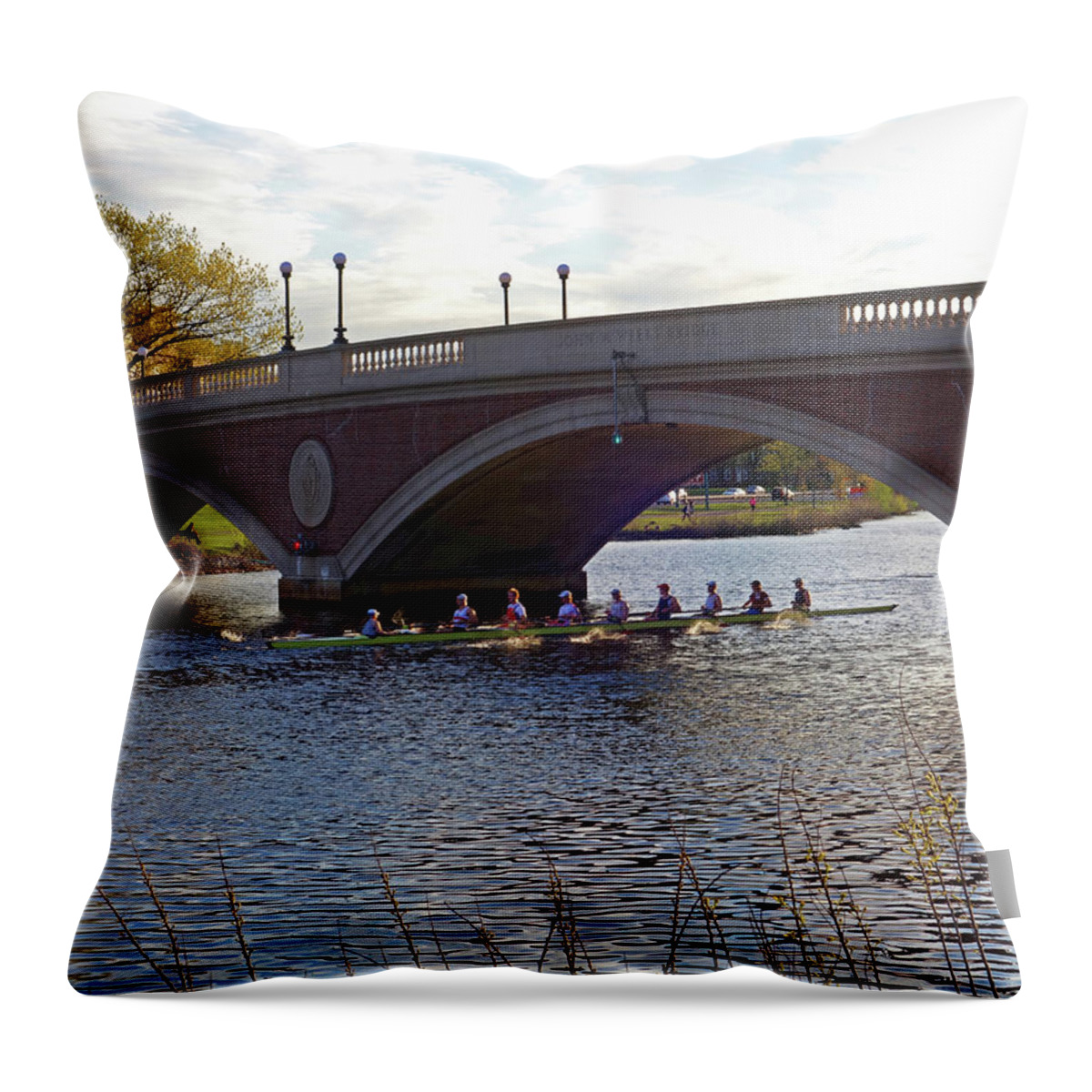 John Throw Pillow featuring the photograph John Weeks Bridge Harvard Square Chales River Sunset Rowers by Toby McGuire