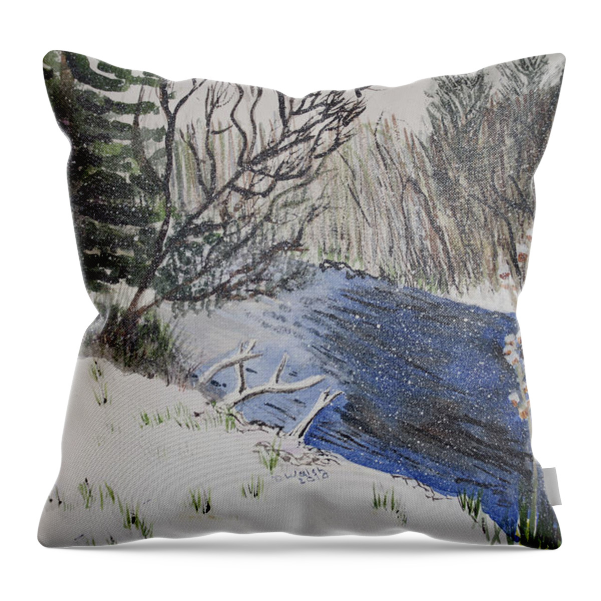  Landscapes Throw Pillow featuring the painting Johnson Vermont in Spring Snow Storm by Donna Walsh