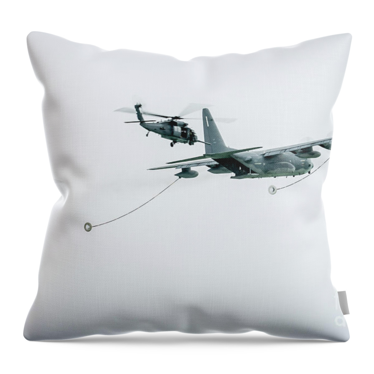 C-130 Tanker Fueling Sikorsky Blackhawk Helicopter Throw Pillow featuring the photograph Joining Up for In Flight Refueling by Rene Triay FineArt Photos