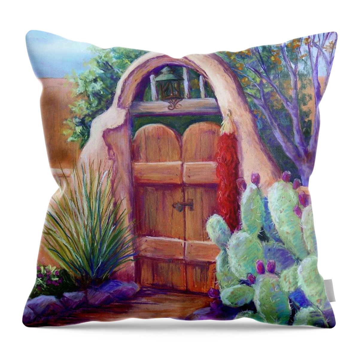New Mexico Landscapes Throw Pillow featuring the pastel Josefina's Gate by Candy Mayer