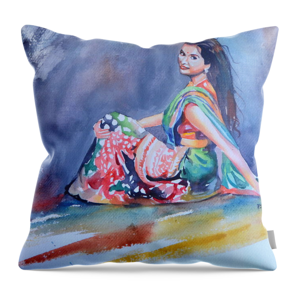 Joy; Woman In Saree Throw Pillow featuring the drawing Joy of Life by Parag Pendharkar