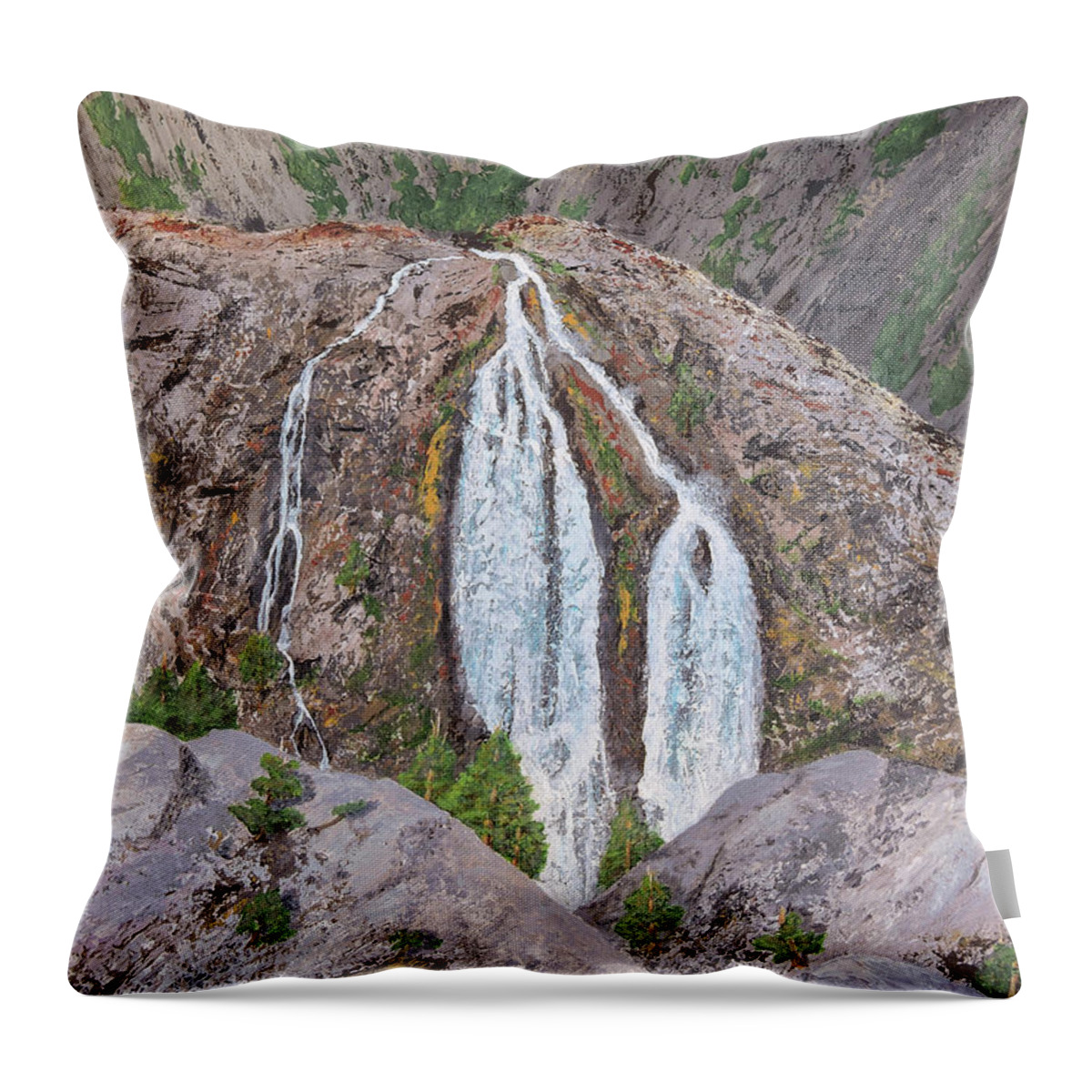 Waterfall Throw Pillow featuring the painting June Lake Loop Falls by L J Oakes