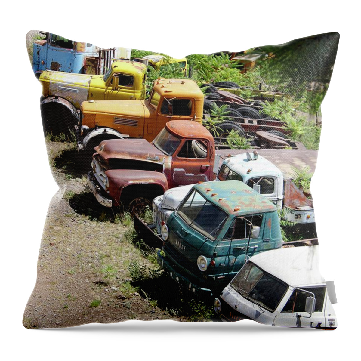 Cars Throw Pillow featuring the photograph Junkyard Rainbow by Suzanne Oesterling
