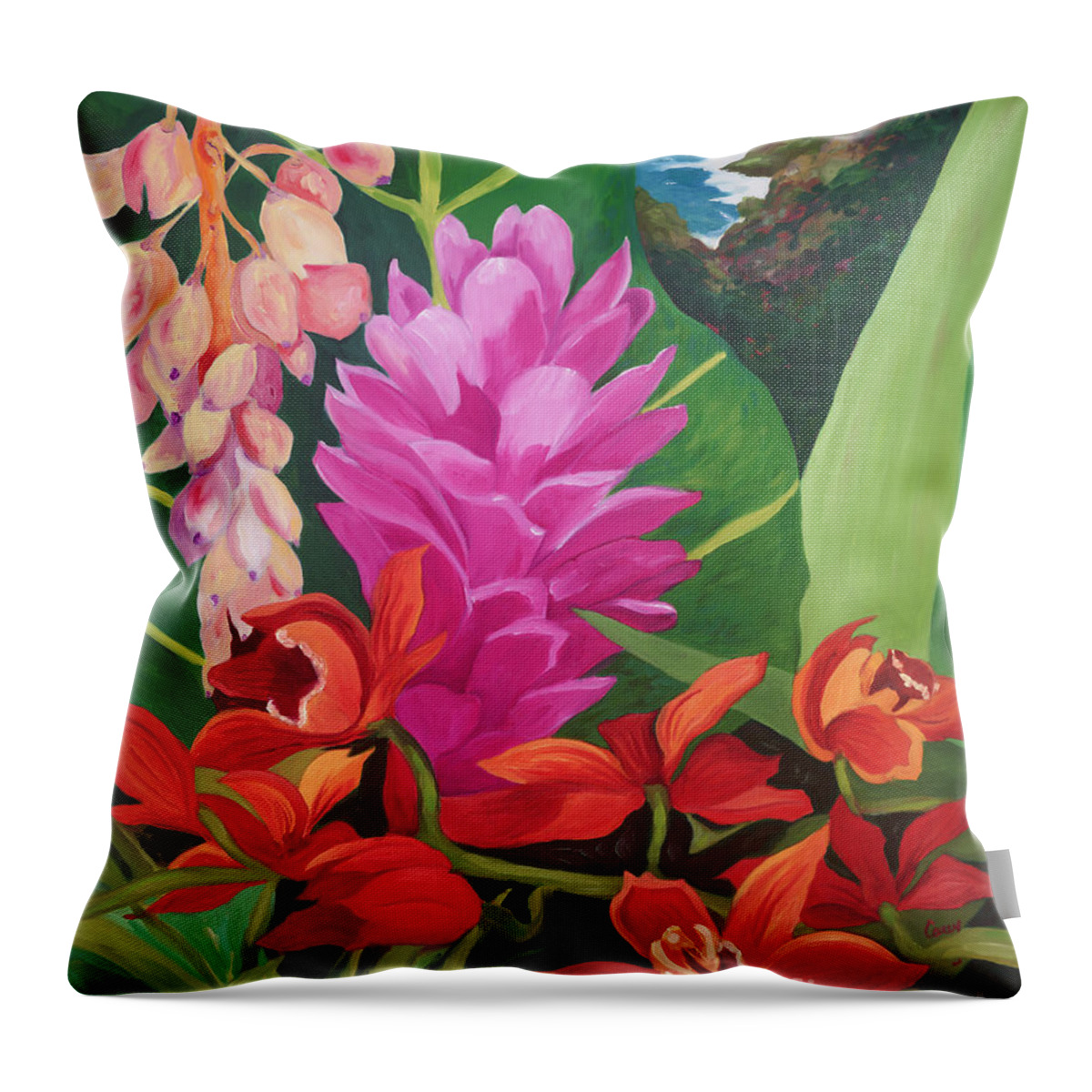 Maui Flowers Throw Pillow featuring the painting Jurassic Ginger by Cathy Carey
