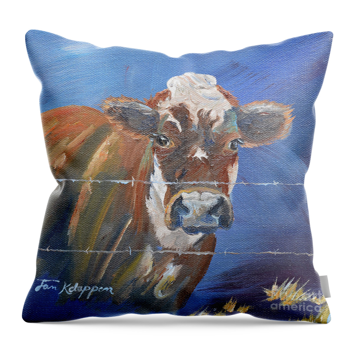 Cow Throw Pillow featuring the painting Just a Big Happy Cow on a Little Square Canvas by Jan Dappen