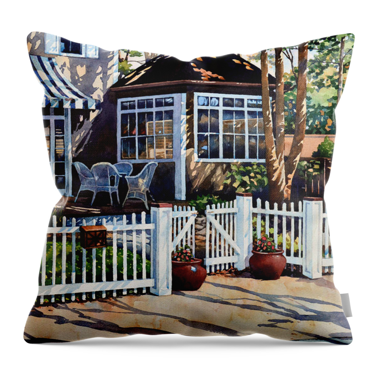 Watercolor. Landscape Throw Pillow featuring the painting Just Beyond the Pickets by Mick Williams