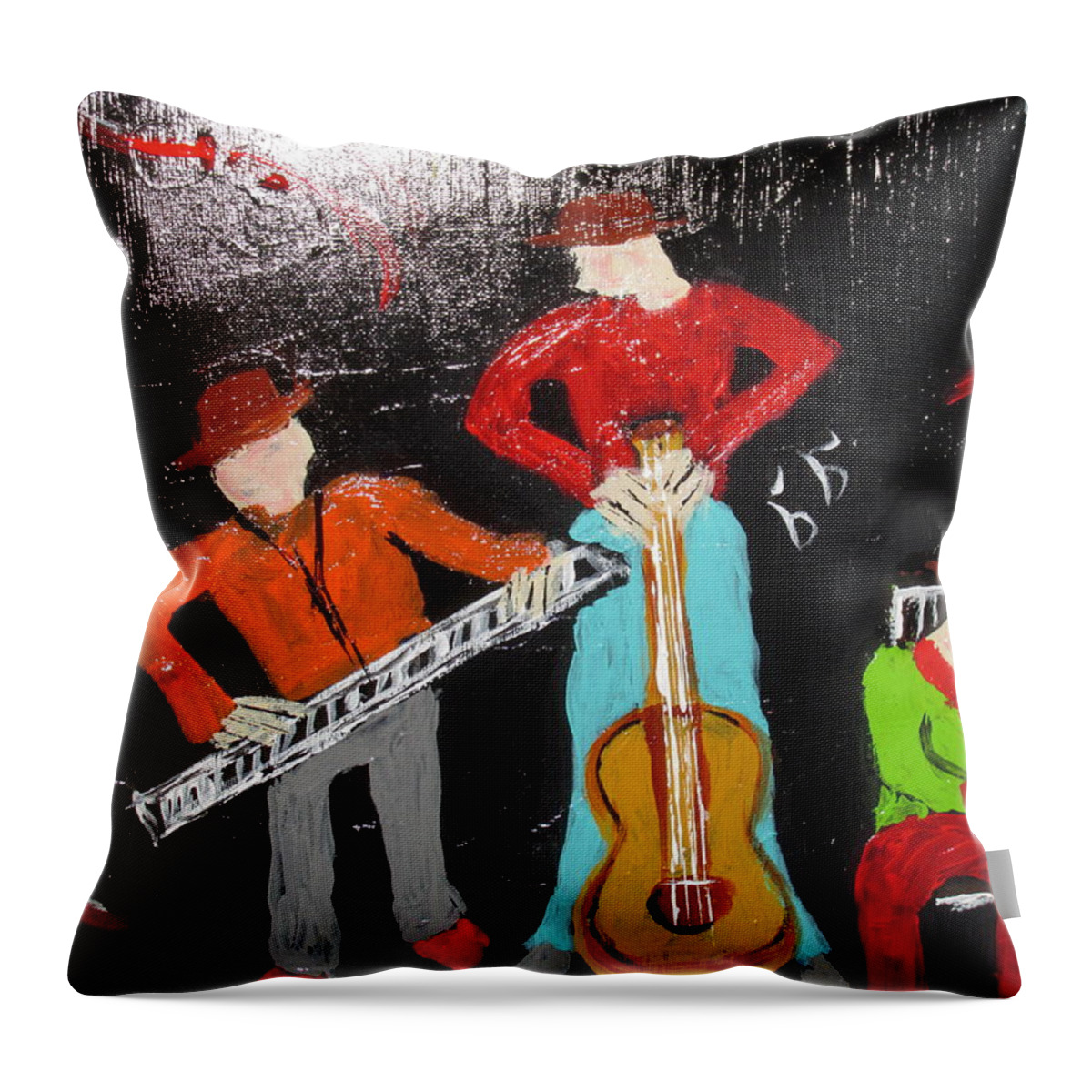 Abstract Whimsical Funfilled Colorful Music Guitars Black Red Green Ochre Throw Pillow featuring the painting Just Rippin It by Sharyn Winters
