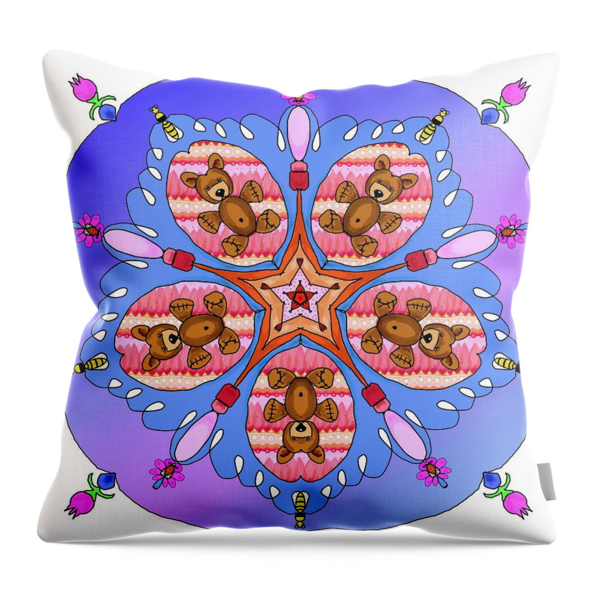 Kaleidoscope Throw Pillow featuring the digital art Kaleidoscope of bears and bees by Debra Baldwin