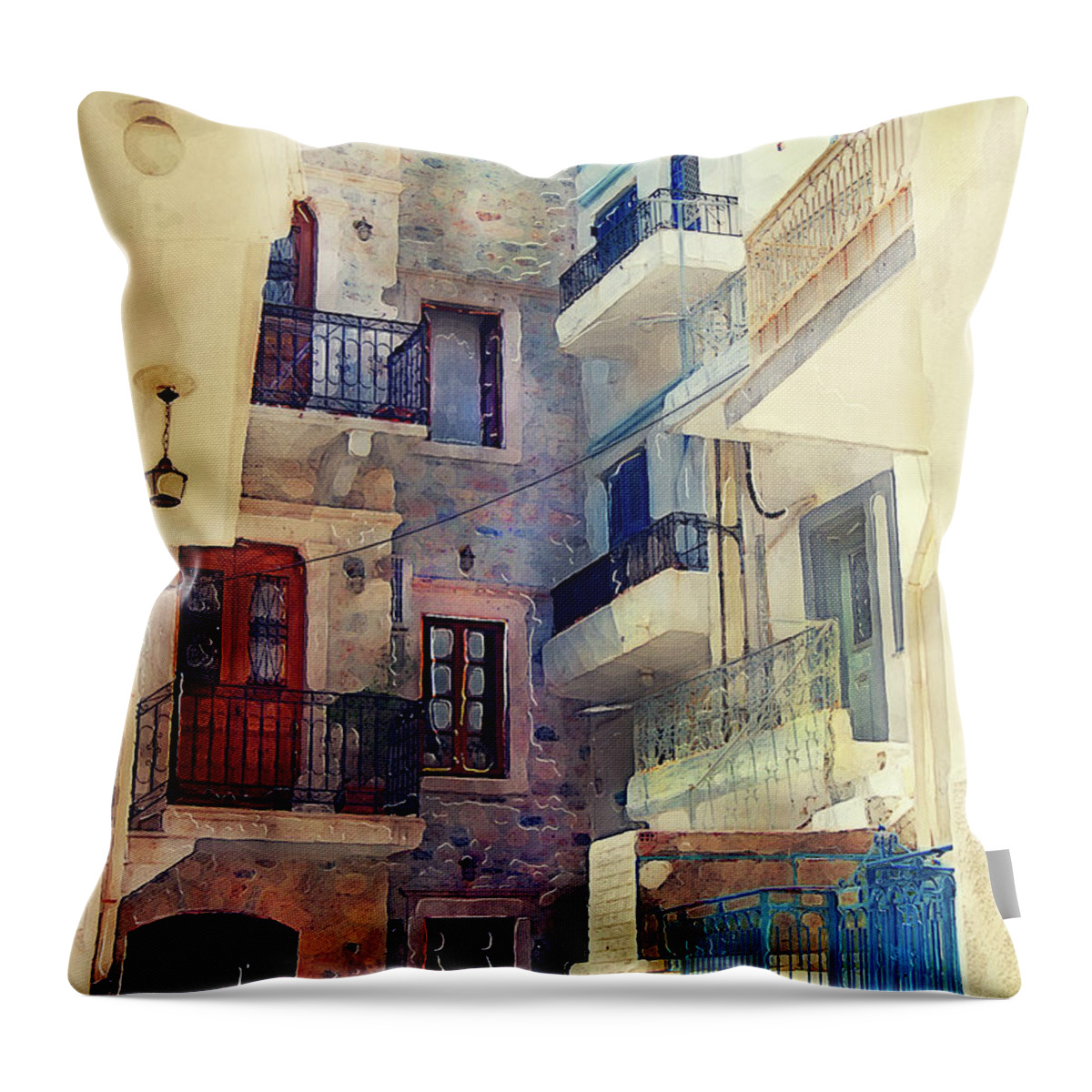 Boat Throw Pillow featuring the painting Kalymnos Greek Island architecture by Justyna Jaszke JBJart