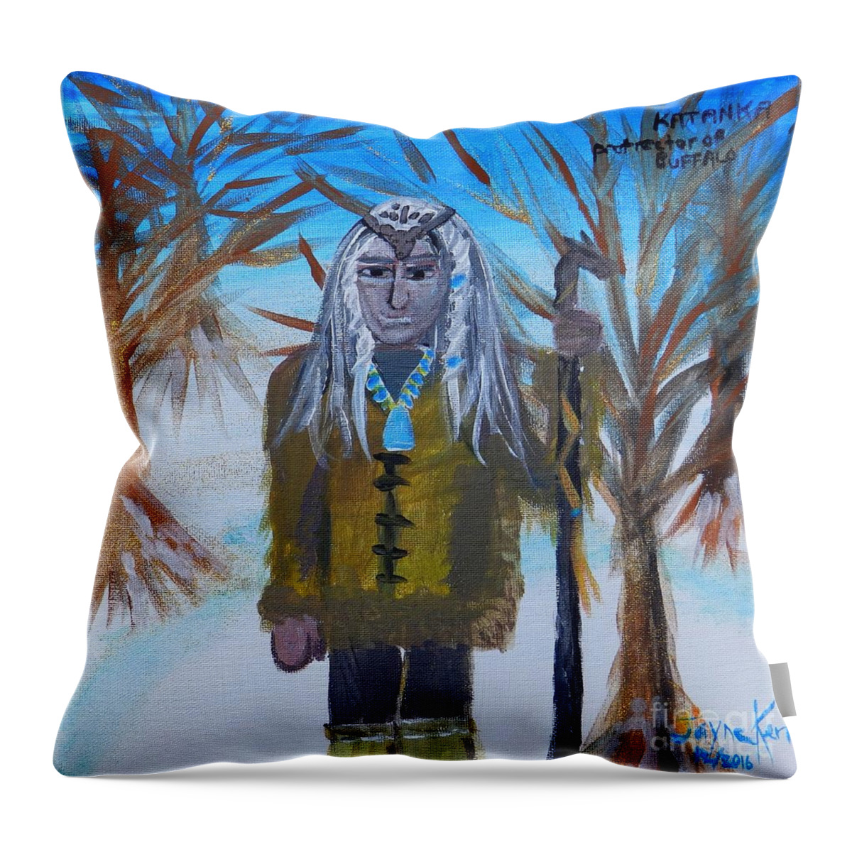 Native American Canvas Print Throw Pillow featuring the painting Katanka Protector of Buffalo by Jayne Kerr