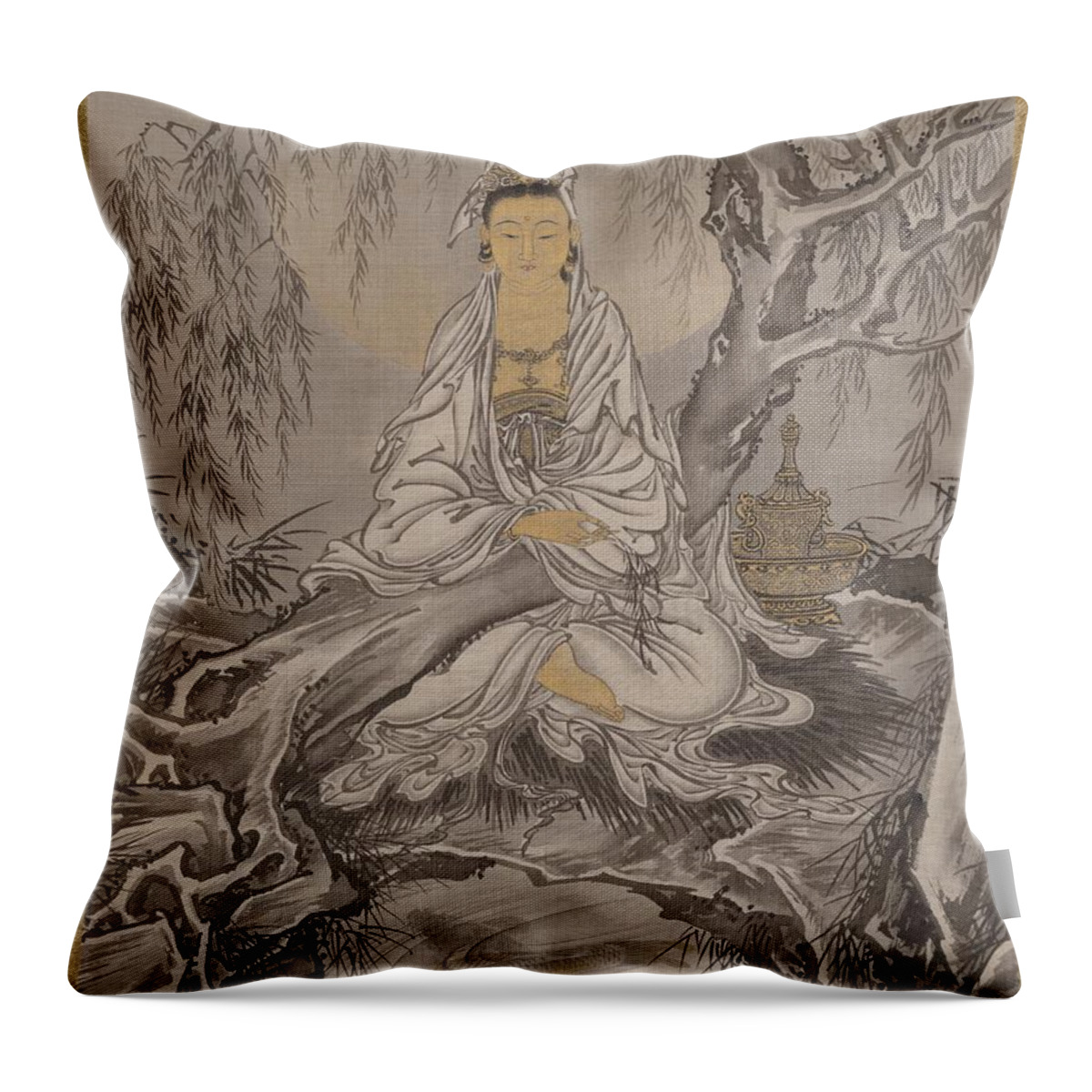 White-robed Kannon Throw Pillow featuring the painting White-Robed Kannon by Kawanabe Kyosai
