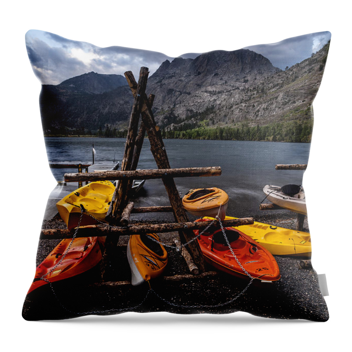 Lake Throw Pillow featuring the photograph Kayaks at Silver Lake by Cat Connor