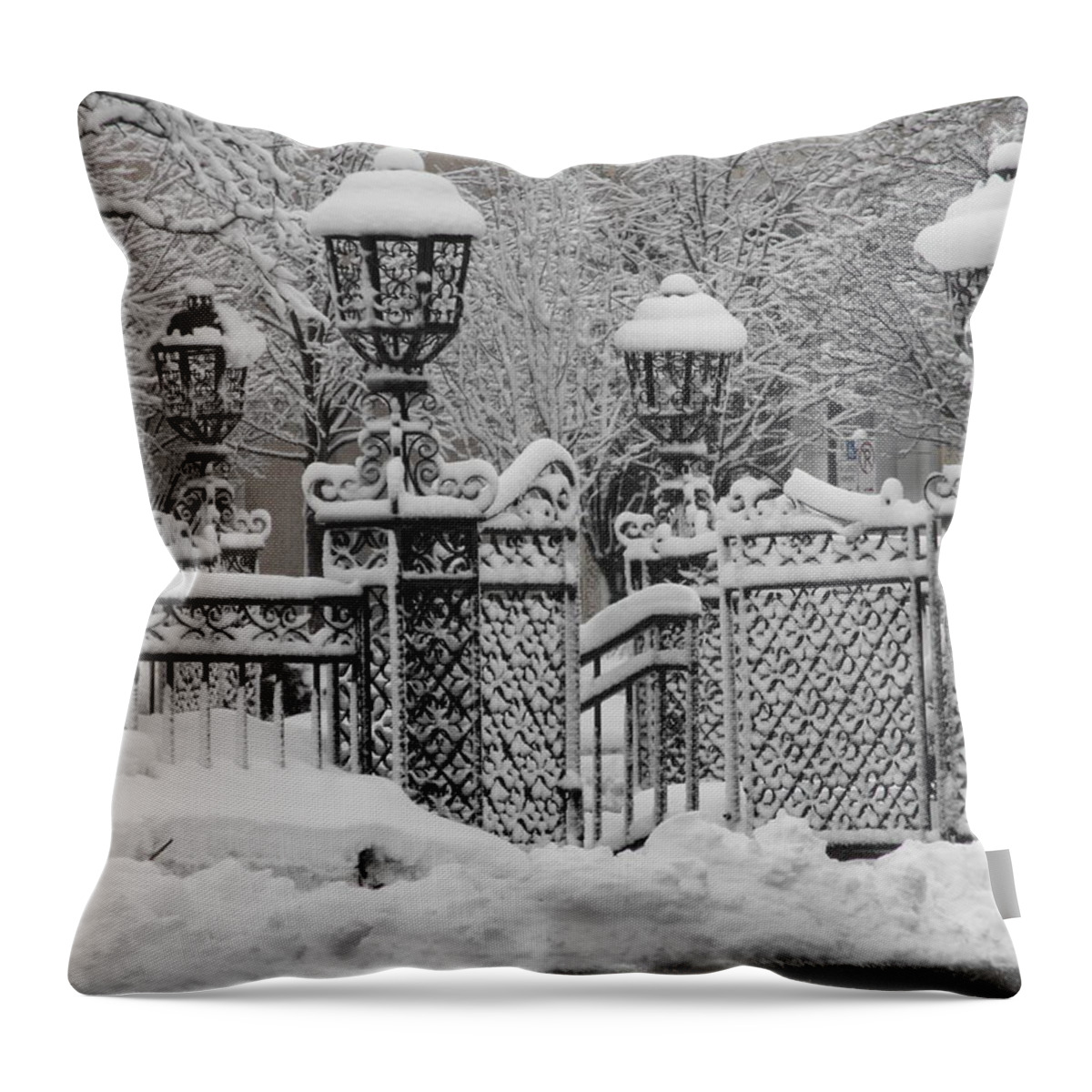 Country Club Plaza Throw Pillow featuring the photograph KC Plaza is Art in the Snow by Michael Oceanofwisdom Bidwell