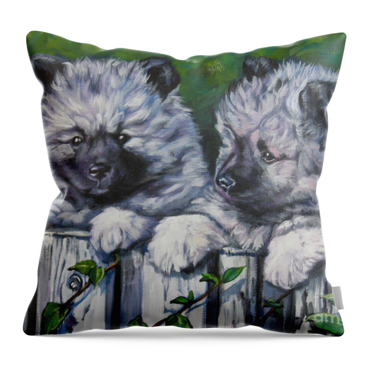 Keeshond Throw Pillow featuring the painting Keeshond pups by Lee Ann Shepard
