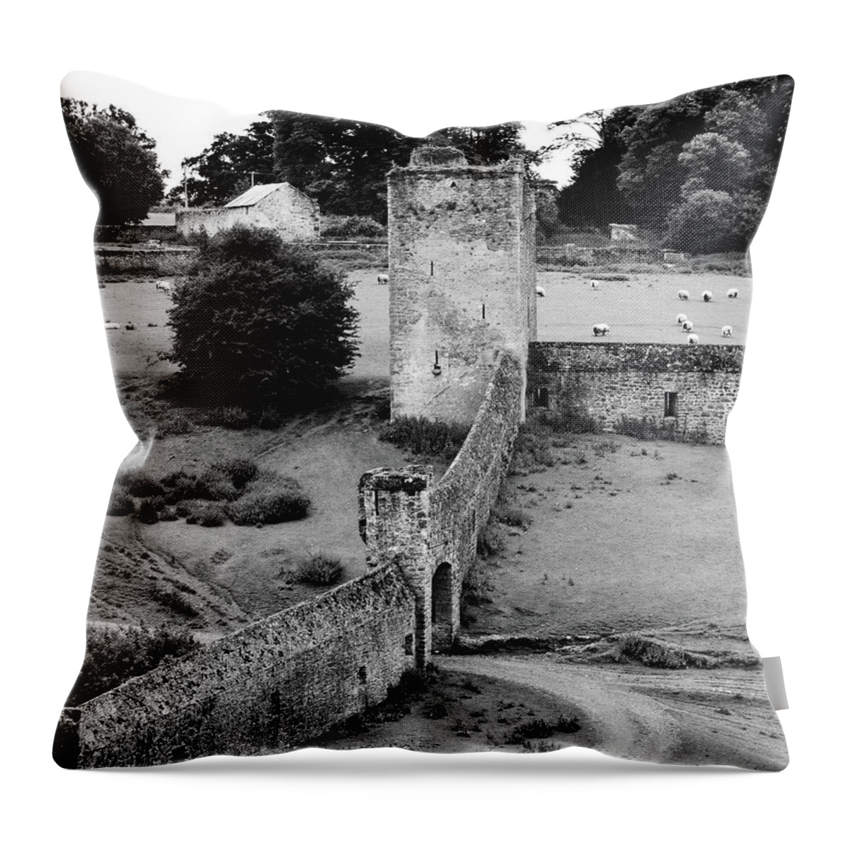 Kells Throw Pillow featuring the photograph Kells Priory Outer Wall Gatehouse and Fortified Tower County Kilkenny Ireland Black and White by Shawn O'Brien