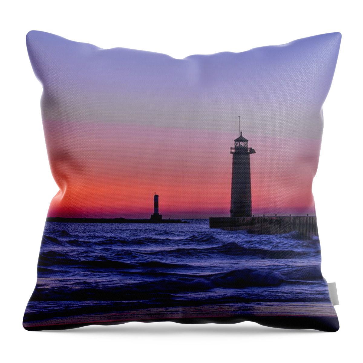 Lighthouse Throw Pillow featuring the photograph Kenosha Lighthouse Blue Waves by Dale Kauzlaric