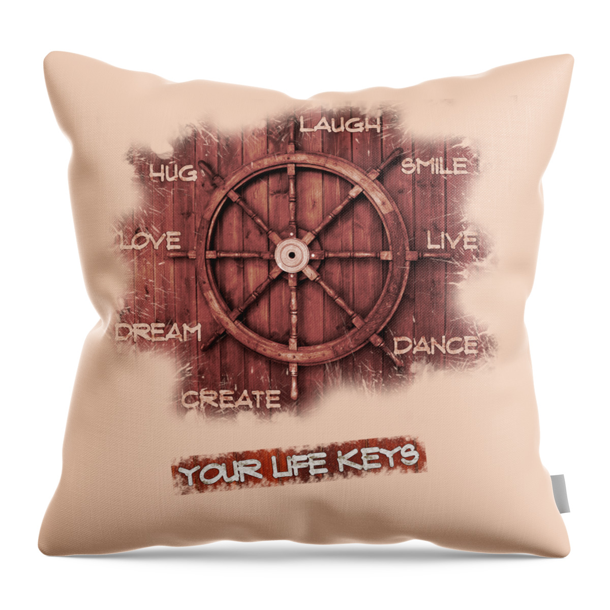 Wooden Helm Throw Pillow featuring the painting Keys to Happiness Typography on wooden Helm by Georgeta Blanaru