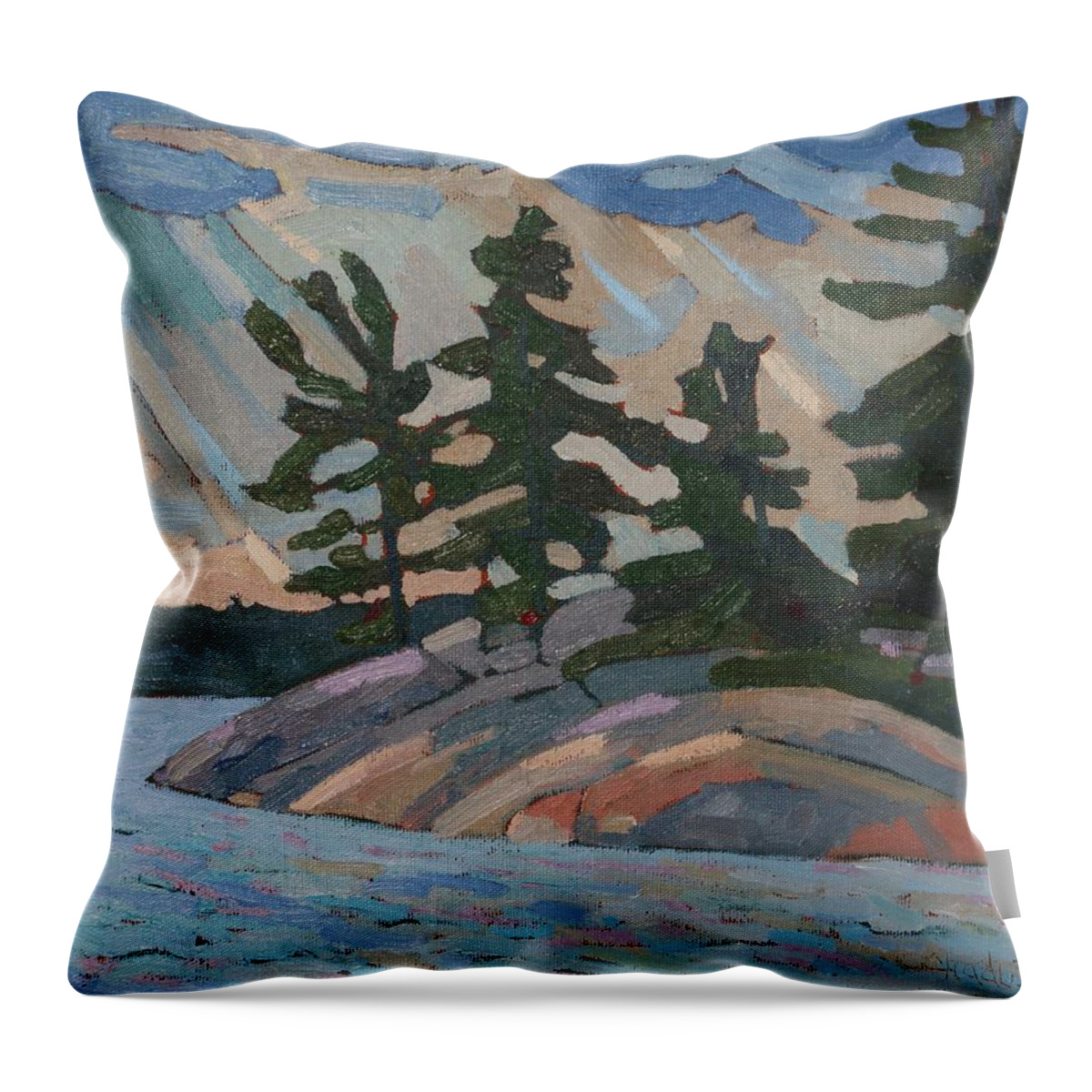 2005 Throw Pillow featuring the painting Killbear Pines and Morning Crepuscular Rays by Phil Chadwick