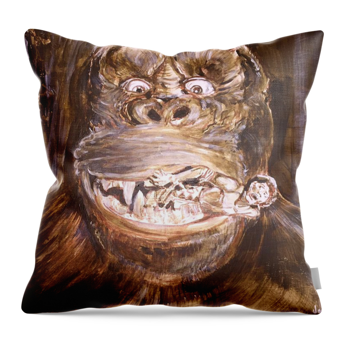 King Kong 1933 Bruce Cabot Robert Armstrong Fay Wray Creature Features Rko Radio Pictures Silver Screen Throw Pillow featuring the painting King Kong - Deleted Scene - Kong With Native by Jonathan Morrill