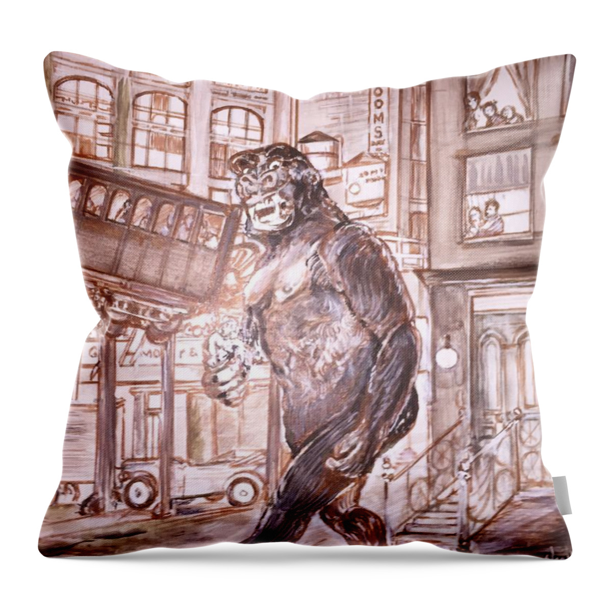 King Kong 1933 Bruce Cabot Robert Armstrong Fay Wray Creature Features Rko Radio Pictures Silver Screen Throw Pillow featuring the painting King Kong - Kong At The Trestle by Jonathan Morrill