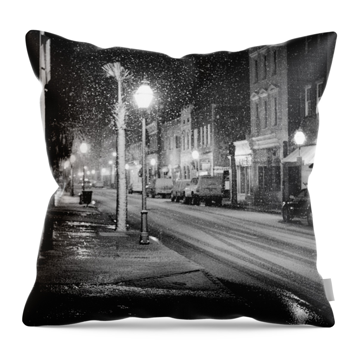 Snowing Throw Pillow featuring the photograph King Street Charleston Snow by Dustin K Ryan