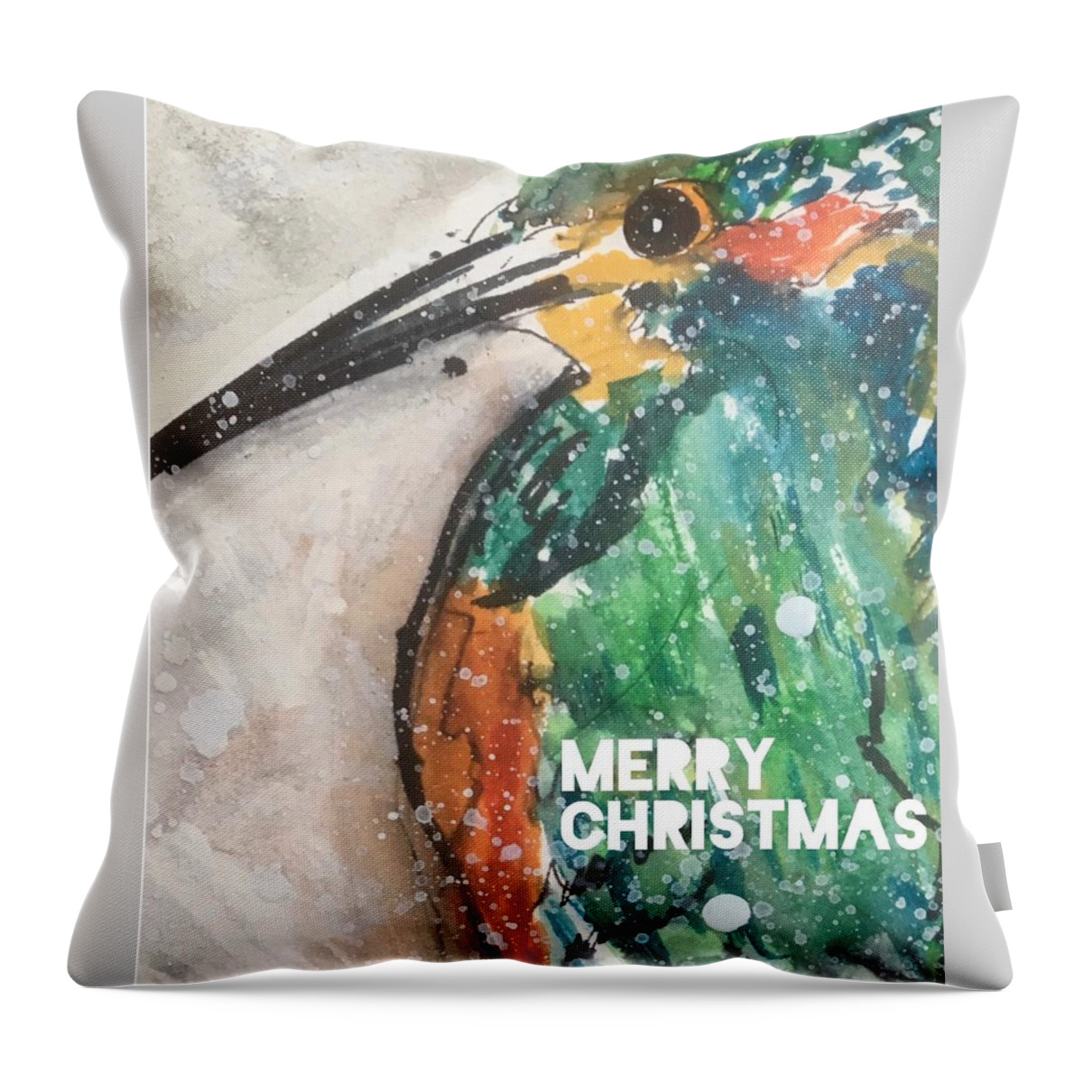 Kingfisher Throw Pillow featuring the painting Kingfisher in a snow flurry by Maxie Absell