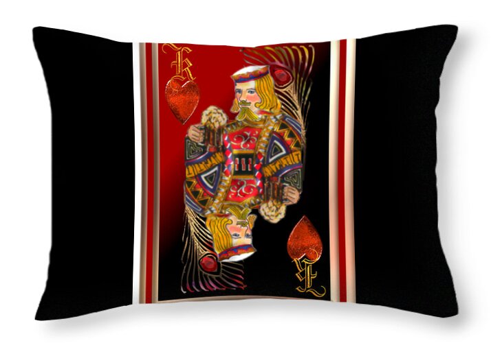 King Of Hearts From Playing Cards Decative Piece...red Black Gold  Feathers Hearts Throw Pillow featuring the pastel King Of Hearts by Pamela Mccabe