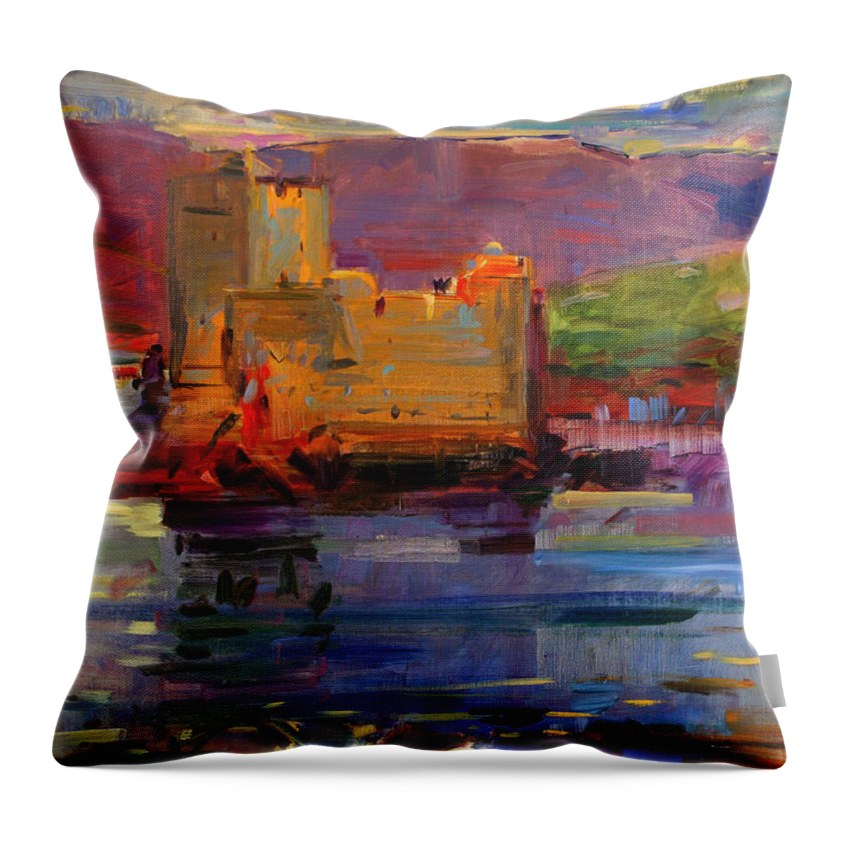 Castlebay Throw Pillow featuring the painting Kisimul Castle and Vatersay by Peter Graham