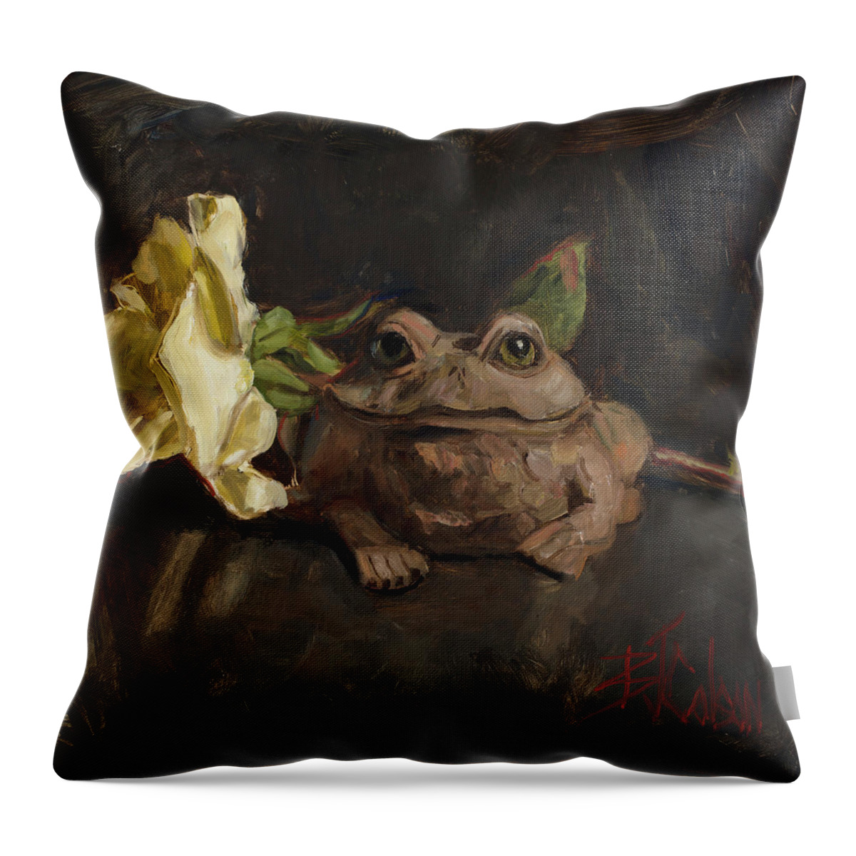 Frog Throw Pillow featuring the painting Kiss me and Find Out by Billie Colson