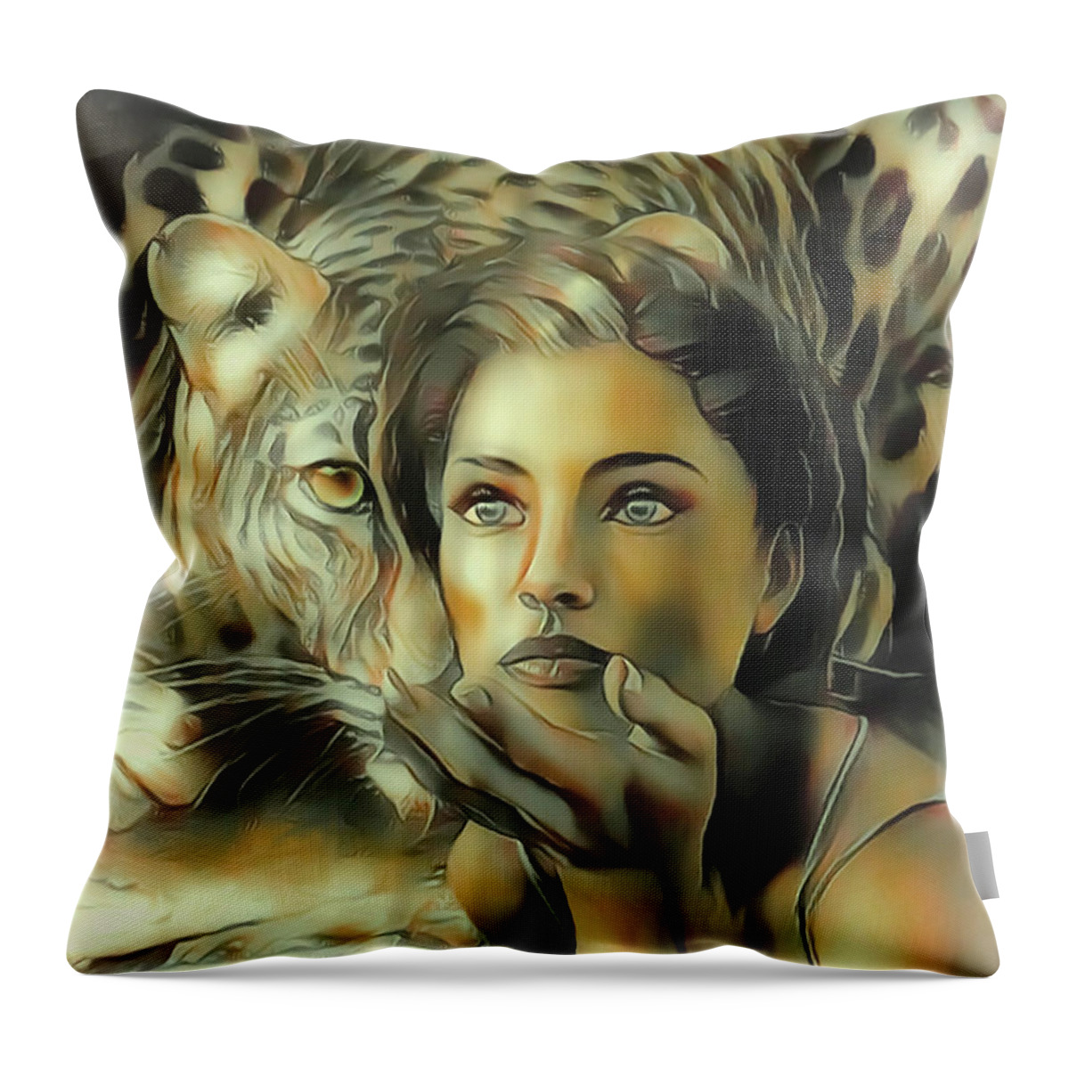 Leopard Throw Pillow featuring the mixed media Kiss Of The Leopard Woman by Barbara Milton