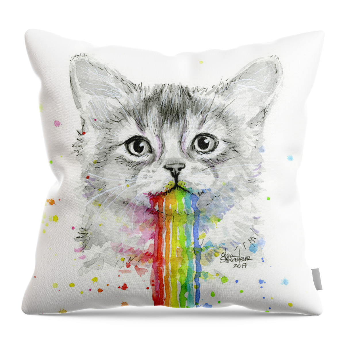 Kitten Throw Pillow featuring the painting Kitten Puking Rainbows by Olga Shvartsur