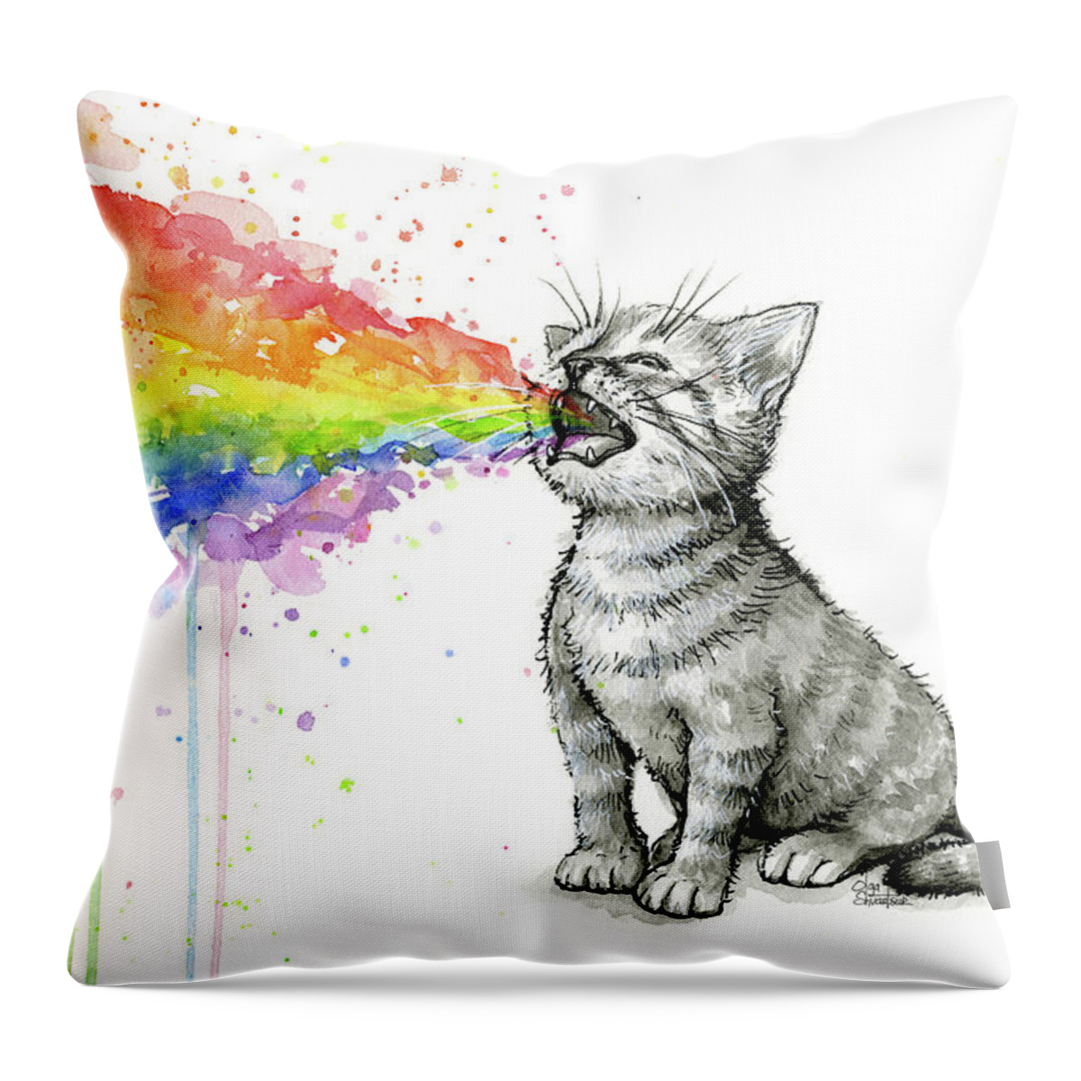 Kitten Throw Pillow featuring the painting Kitten Tastes the Rainbow by Olga Shvartsur