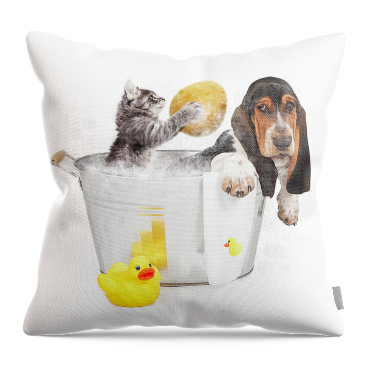 Dog Throw Pillow featuring the photograph Kitten Washing Basset Hound in Tub by Good Focused