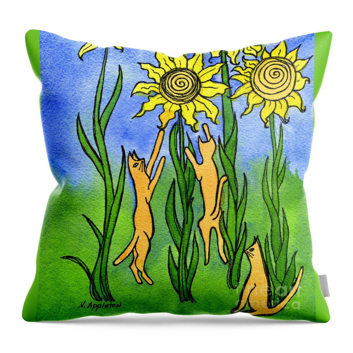 Cat Art Throw Pillow featuring the painting Kitties Climbing Flowers by Norma Appleton