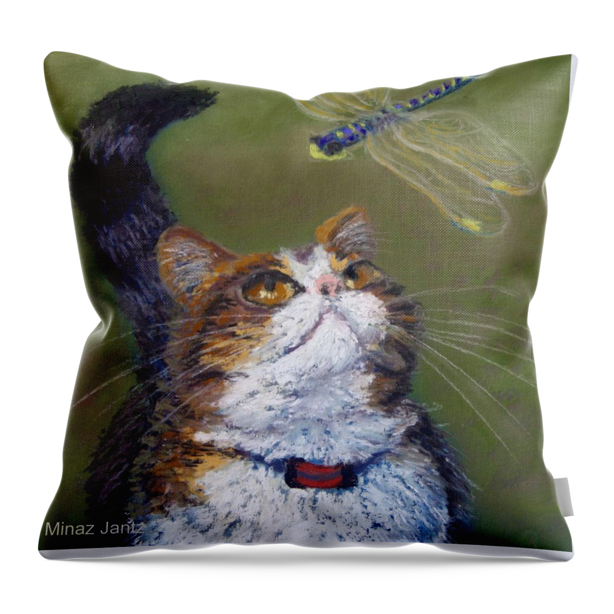 Cat Throw Pillow featuring the painting Kitty and the Dragonfly close-up by Minaz Jantz