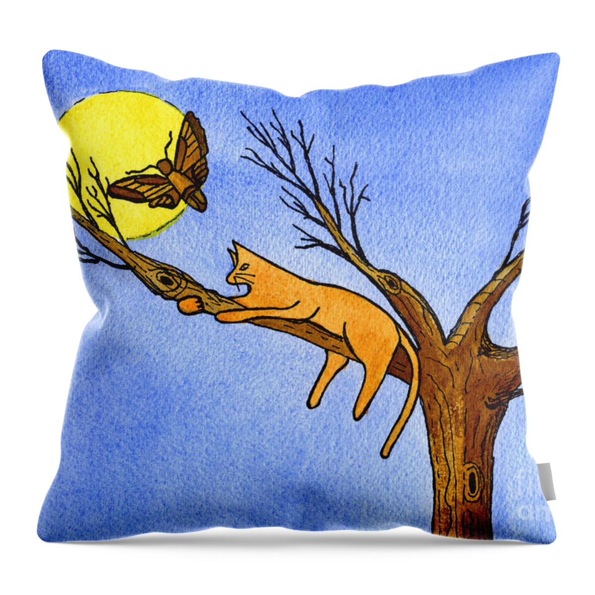 Cat Throw Pillow featuring the painting Kitty Moth and Moonlight by Norma Appleton