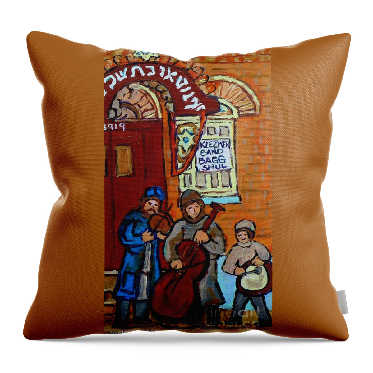Montreal Throw Pillow featuring the painting Klezmer Band Live Performance At Bagg Synagogue Montreal Street Scene Jewish Art Carole Spandau   by Carole Spandau