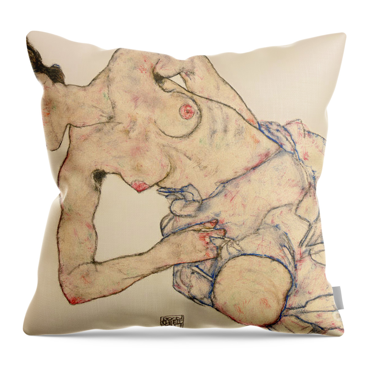 Kneider Weiblicher Halbakt Throw Pillow featuring the drawing Kneider weiblicher halbakt by Egon Schiele