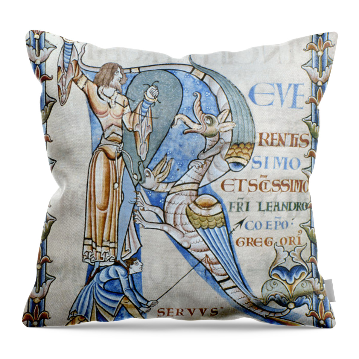 12th Century Throw Pillow featuring the drawing Knight And Monster by Granger