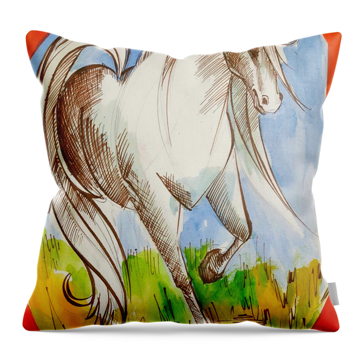 Knight Throw Pillow featuring the painting Chess art.White Knight.Horse .Chess piece. History of chess map. by Vali Irina Ciobanu