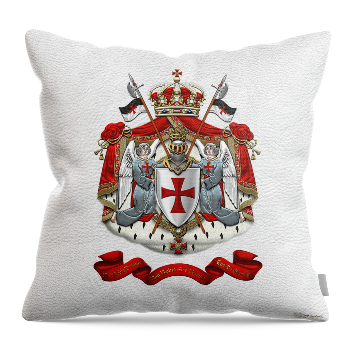 'ancient Brotherhoods' Collection By Serge Averbukh Throw Pillow featuring the digital art Knights Templar - Coat of Arms over White Leather by Serge Averbukh