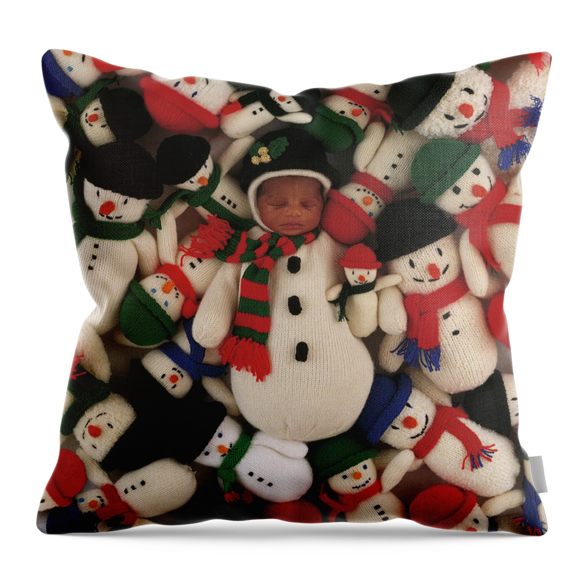 Holiday Throw Pillow featuring the photograph Knitted Snowman by Anne Geddes
