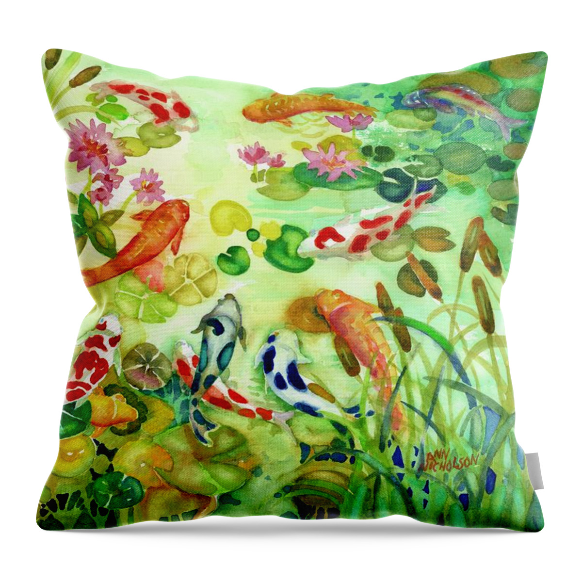 Pond Throw Pillow featuring the painting Koi Pond II by Ann Nicholson