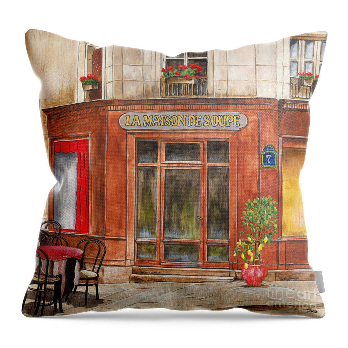 Cafe Throw Pillow featuring the painting La Maison de Soupe by Debbie DeWitt