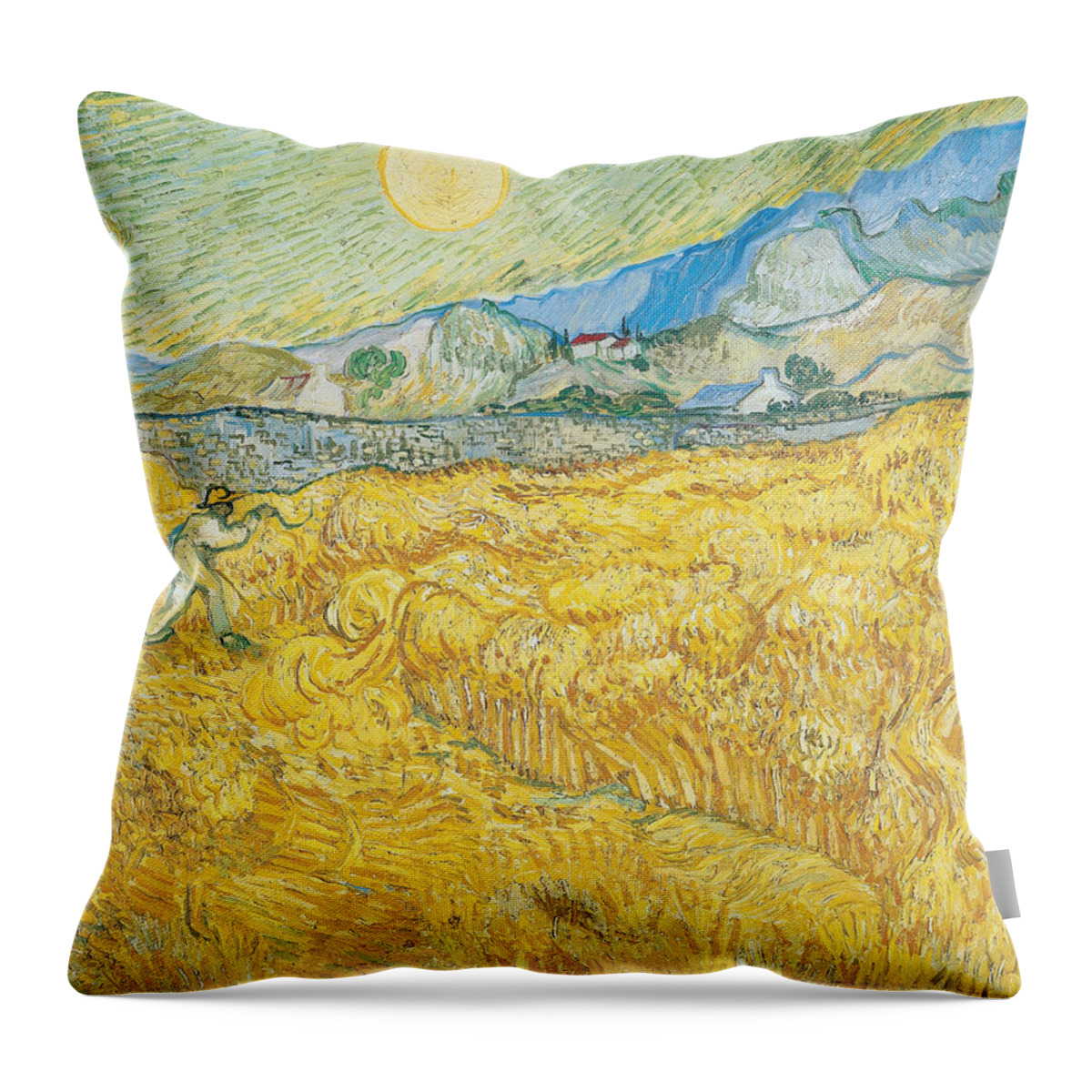 Agriculture Throw Pillow featuring the painting La moisson The Wheatfield behind Saint Paul's Hospital with a Reaper 1889 by Vincent Van Gogh