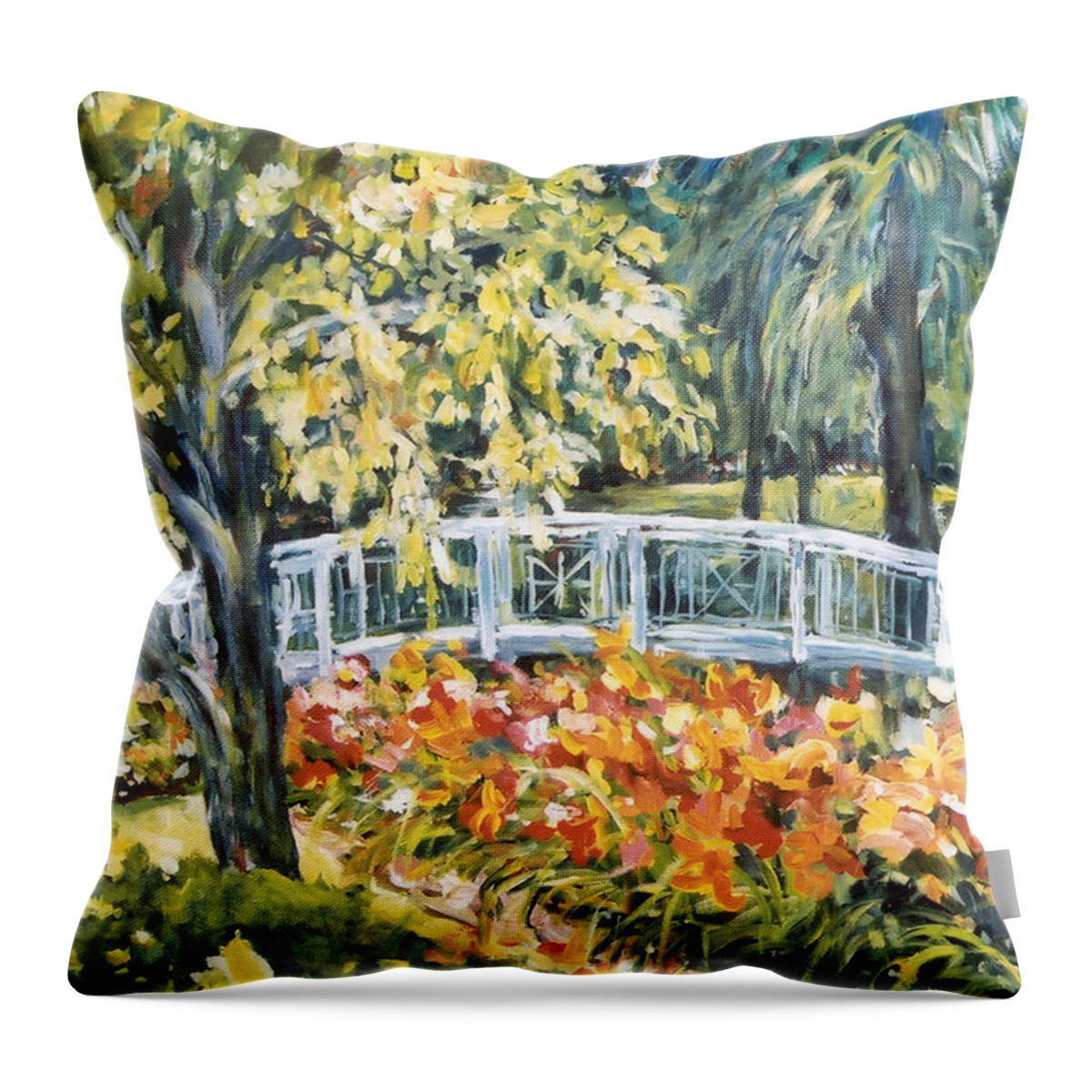 Ingrid Dohm Throw Pillow featuring the painting La Paloma Foot Bridge by Ingrid Dohm
