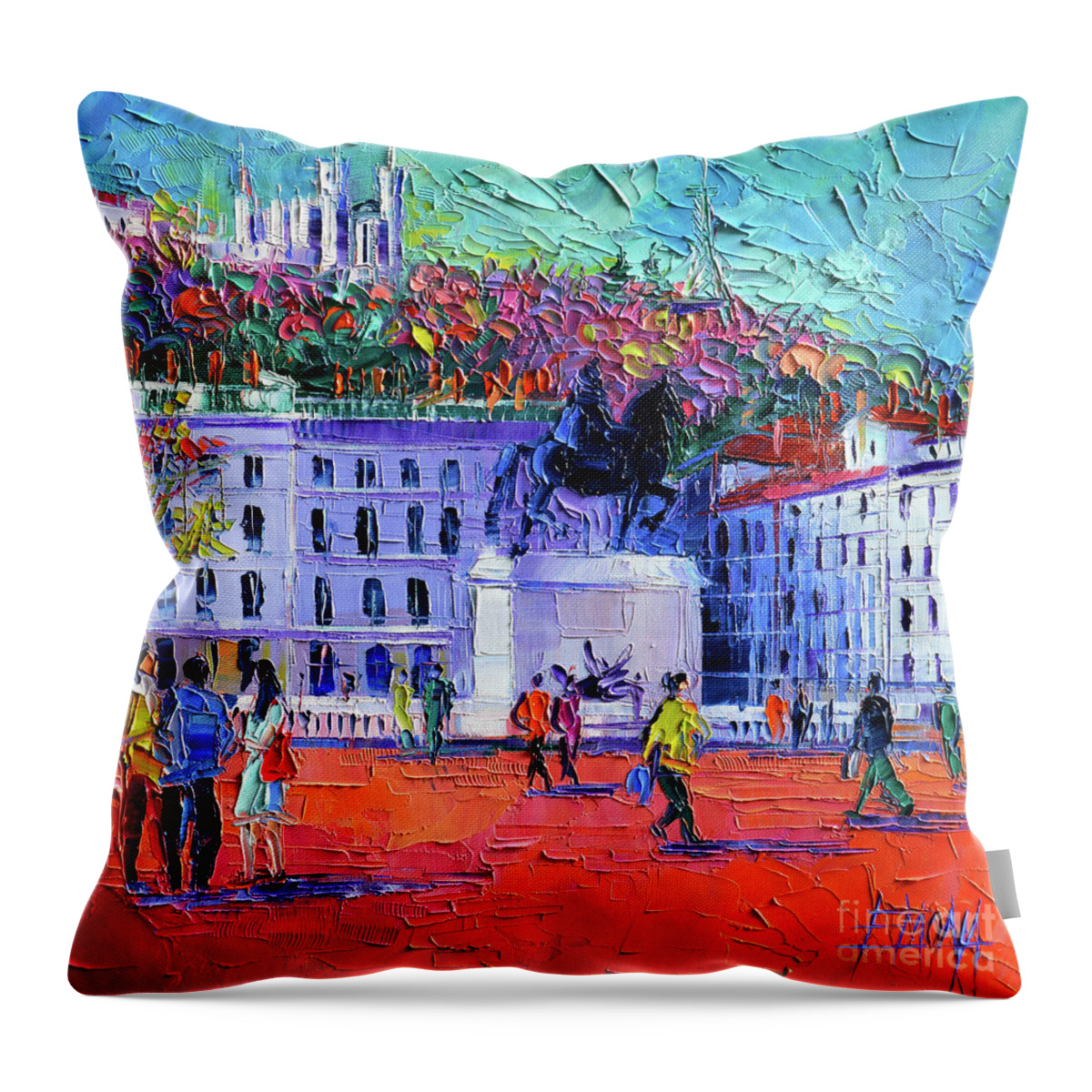 Place Throw Pillow featuring the painting La Place Bellecour A Lyon by Mona Edulesco
