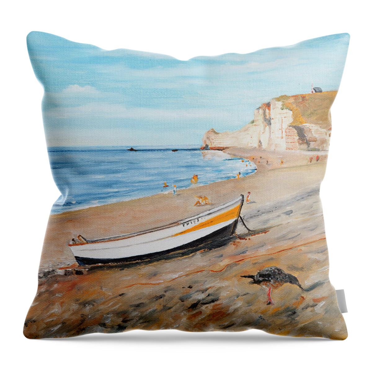 Plage Throw Pillow featuring the painting La Plage A Etretat - France by Jean-Pierre Ducondi