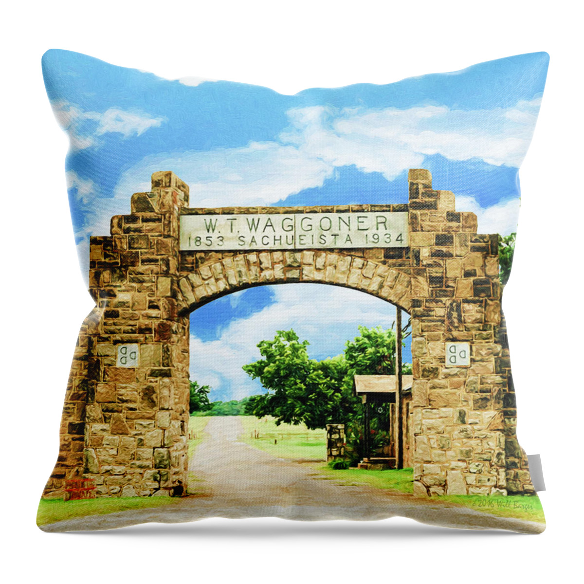 Texas Throw Pillow featuring the painting La Puerta Principal - Main Gate, Nbr 1J by Will Barger